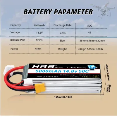 Batterie LiPo 4S 14,8 V 5000 mAh, prise XT60 – image 2