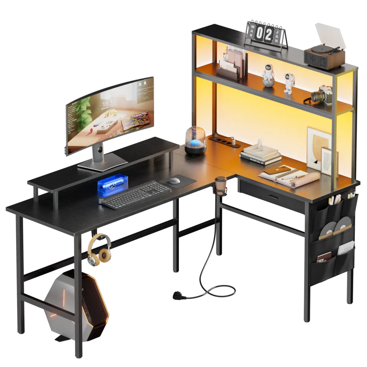 Bureau d'angle en L avec prises et étagère