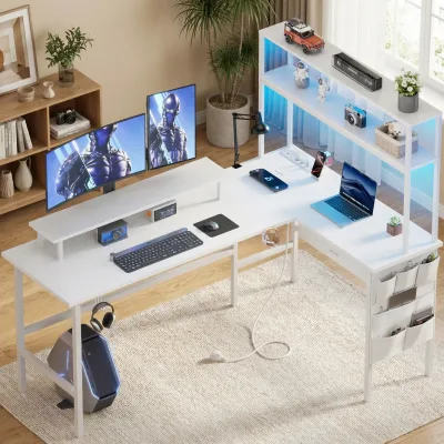Bureau d'angle en L avec prises et étagère – image 2