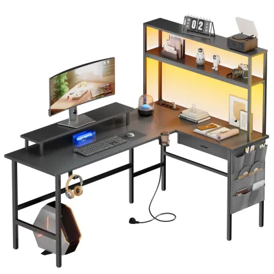 Bureau d'angle en L avec prises et étagère – image 3