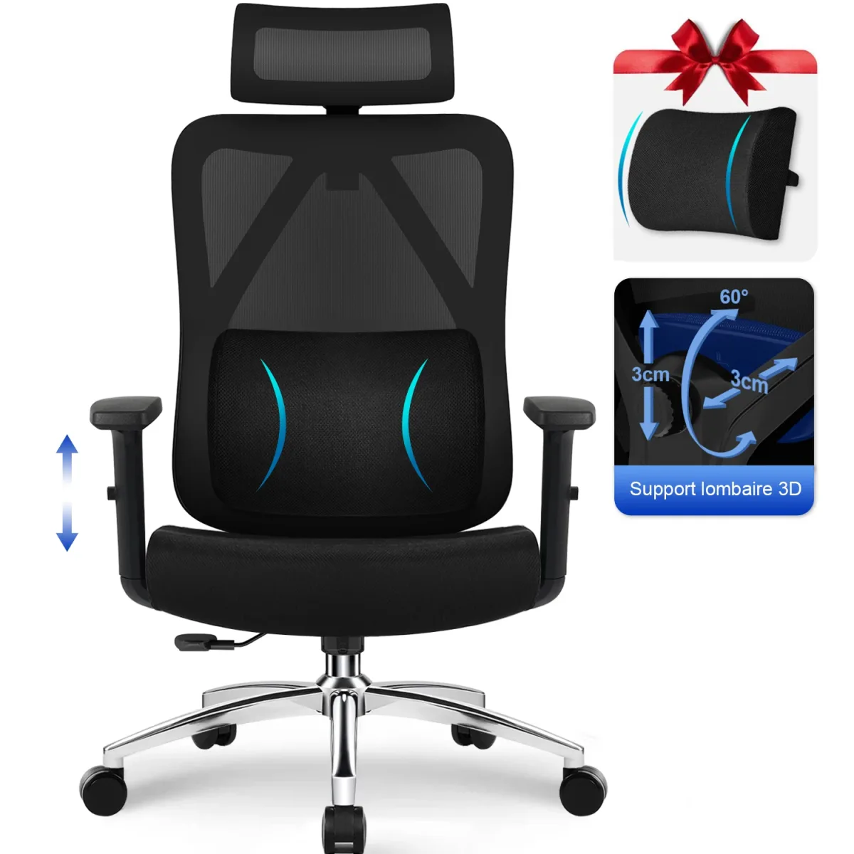 Chaise de bureau ergonomique à roulettes