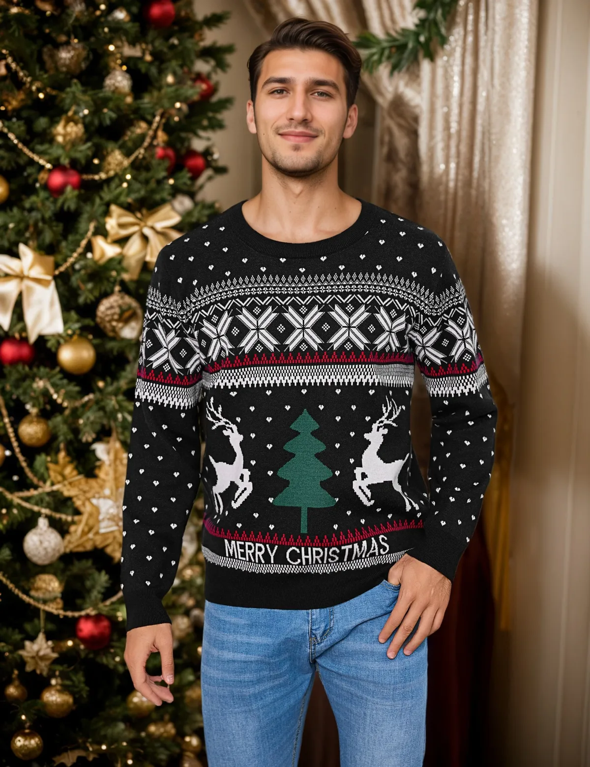 Pull de Noël homme à col rond, motifs de renne