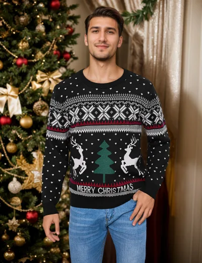 Pull de Noël homme à col rond, motifs de renne