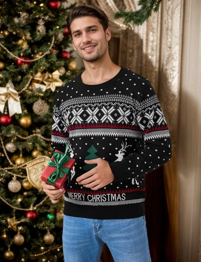 Pull de Noël homme à col rond, motifs de renne – image 3