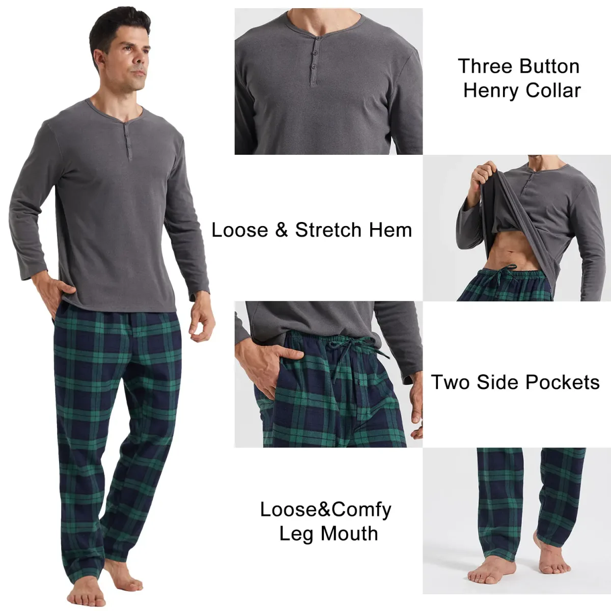 Pyjama homme à carreaux, col Henley