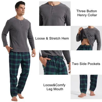 Pyjama homme à carreaux, col Henley