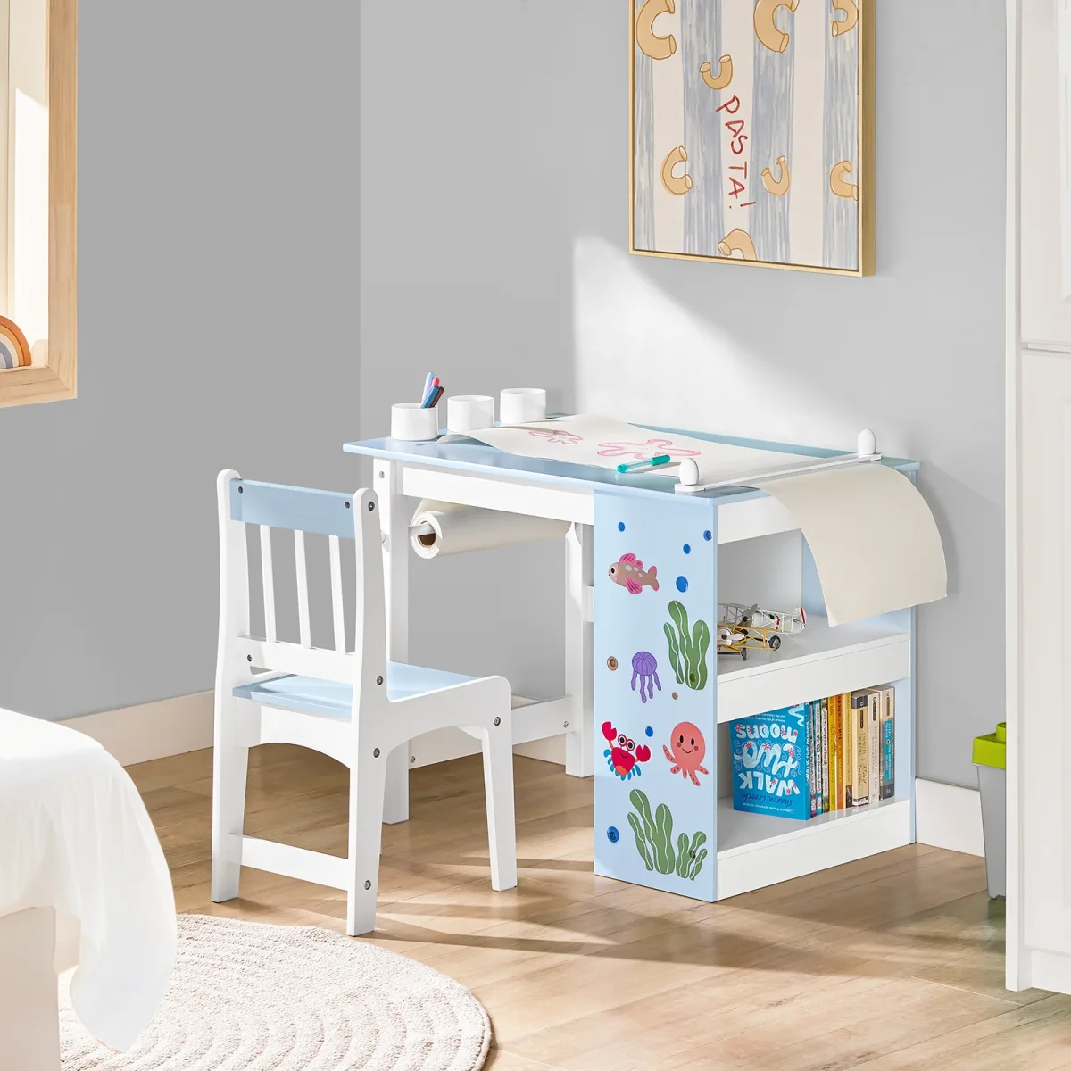 Table et chaise enfant bleu et blanc, bois
