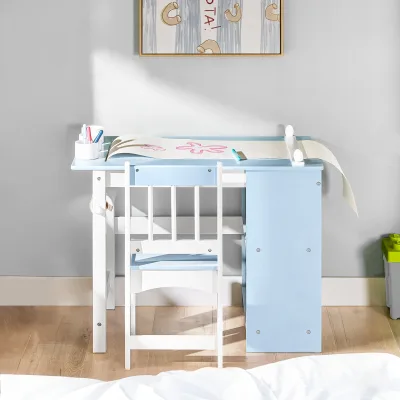 Table et chaise enfant bleu et blanc, bois – image 2
